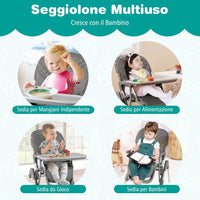 Seggiolone Pieghevole per Bambini, Portatile Regolabile con Poggiapiedi, Seggiolone con Vassoio Staccabile, Cuscino Sede in PU, Cintura di Sicurezzae Ruote Incorporate, Portata 15 kg (Grigio)