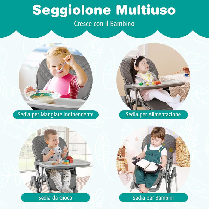 Seggiolone Pieghevole per Bambini, Portatile Regolabile con Poggiapiedi, Seggiolone con Vassoio Staccabile, Cuscino Sede in PU, Cintura di Sicurezzae Ruote Incorporate, Portata 15 kg (Grigio)