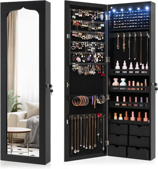 Armadio portagioielli con 5 Luci LED, Porta che Si Chiude, Armadio Portagioielli Montato a Muro con Specchio e 6 Cassetti, Organizer Gioielli con Tanto Spazio per Ragazze (Nero)