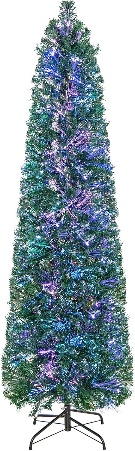 Albero di Natale Artificiale con Fibra Ottica 150/180 CM, Albero di Natale Slim Preluminato con 361/517 Rametti, Base in Metallo Pieghevole, Ideale per Casa, Ufficio e Feste (180 cm)