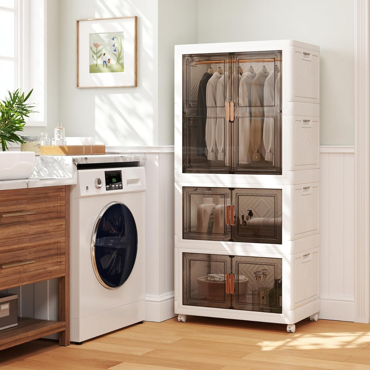 Contenitori di stoccaggio 421 l con coperchio, Organizzatore di armadio portatile in plastica con 10 appendini Bianco + Marrone-Armadi Appendiabiti