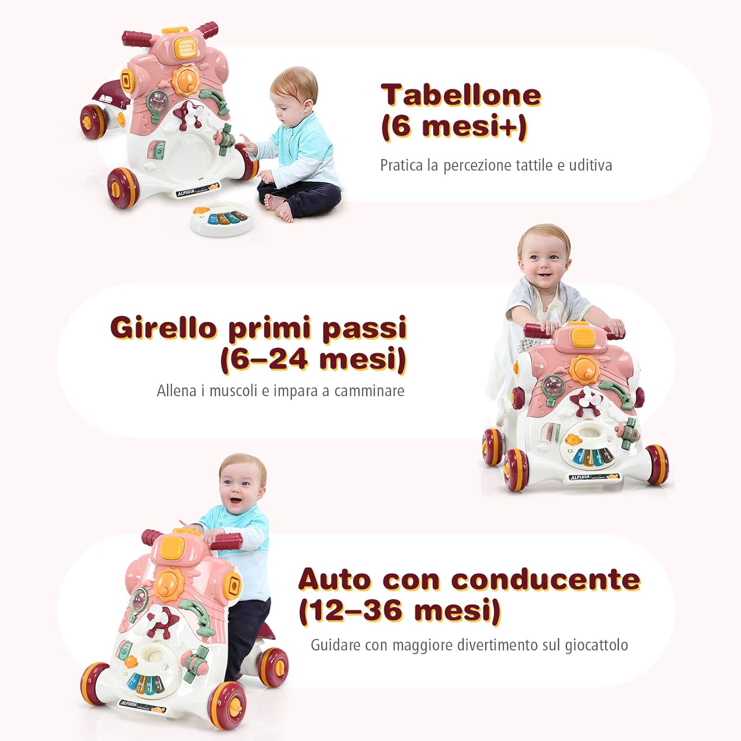 3 in 1 Primi Passi Cavalcabile Spingibile, Giocattolo Educativo con Musica e Luci, con 4 Ruote Antiscivolo, Ideale per Bambini 6-36 Mesi (Rosa)