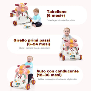 3 in 1 Primi Passi Cavalcabile Spingibile, Giocattolo Educativo con Musica e Luci, con 4 Ruote Antiscivolo, Ideale per Bambini 6-36 Mesi (Rosa)