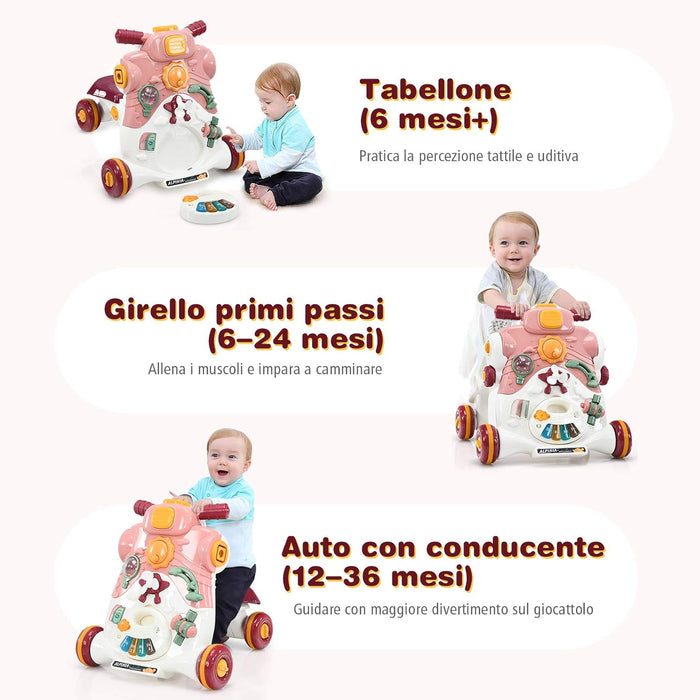 3 in 1 Primi Passi Cavalcabile Spingibile, Giocattolo Educativo con Musica e Luci, con 4 Ruote Antiscivolo, Ideale per Bambini 6-36 Mesi (Rosa)