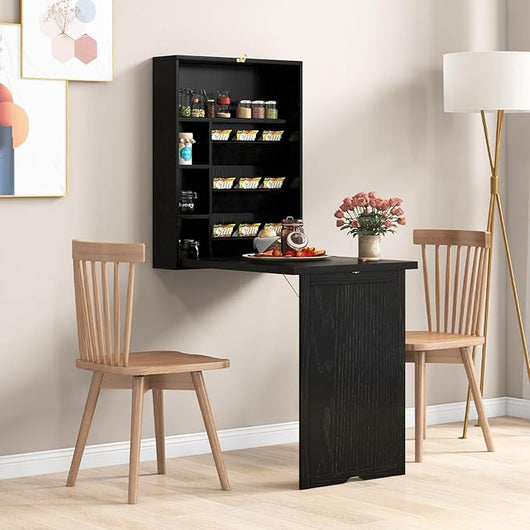 Scrivania Pieghevole da Parete, Tavolo Pieghevole a Muro con Divisorio a 3 Livelli e Ripiani Regolabili, Scrivania Salvaspazio per Cucina, Salotto e Studio, 60 x 94,5 x 151 cm (Nero)