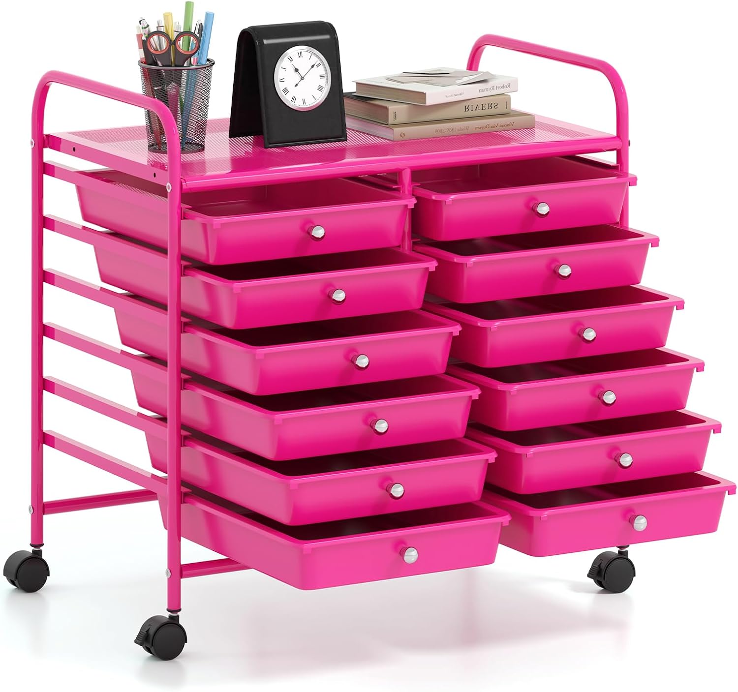 Carrello di Stoccaggio con 12 Cassetti, Carrello portaoggetti con 4 Ruote, Carrello Multiuso per Scuola Ufficio Cucina, 64 x 38 x 62 cm (12 cassetti Rosa)