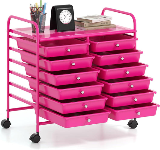 Carrello di Stoccaggio con 12 Cassetti, Carrello portaoggetti con 4 Ruote, Carrello Multiuso per Scuola Ufficio Cucina, 64 x 38 x 62 cm (12 cassetti Rosa)