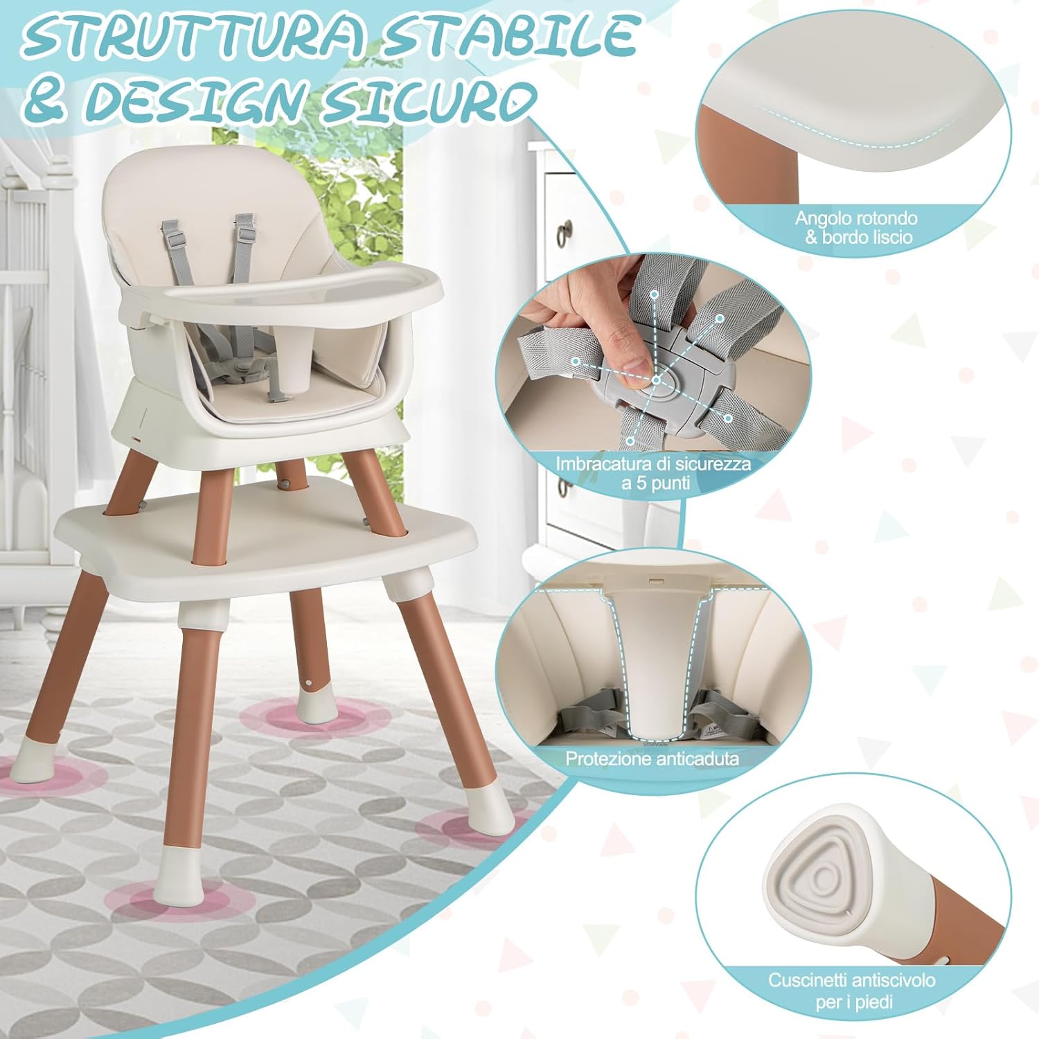 Seggiolone Pappa per Bambini 6 in 1, Seggiolone per Neonati Convertibile, Tavolo per Costruzioni per Bambini, con Imbracatura a 5 Punti, per Bambini da 6 Mesi fino 3 Anni (Bianco+Naturale)
