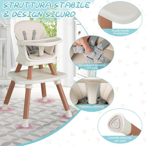 Seggiolone Pappa per Bambini 6 in 1, Seggiolone per Neonati Convertibile, Tavolo per Costruzioni per Bambini, con Imbracatura a 5 Punti, per Bambini da 6 Mesi fino 3 Anni (Bianco+Naturale)