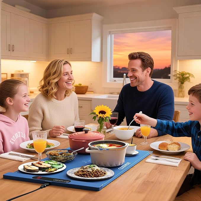 Tappetino Riscaldante per Alimenti, Scaldavivande Elettrico Arrotolabile in Silicone, con Tempo e Temperature Regolabili, Cinturino Autobloccante, per Scongelamento (60 x 38cm,Blu)