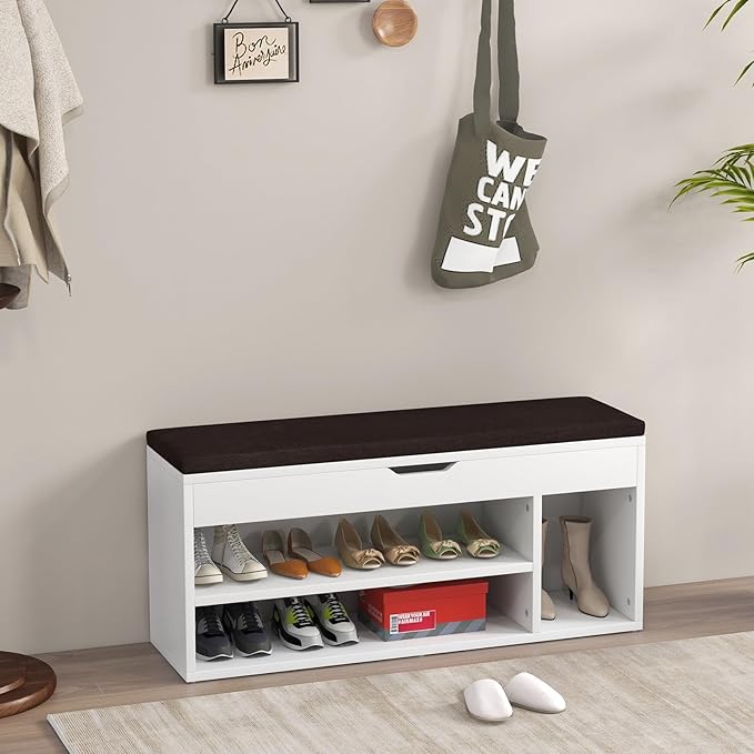 Scarpiera Panca con Cuscino, Scarpiera da Ingresso Salvaspazio, Panca Contenitore per Ingresso Corridoio, 104x30x48 cm, Carico 150 kg (Bianco)