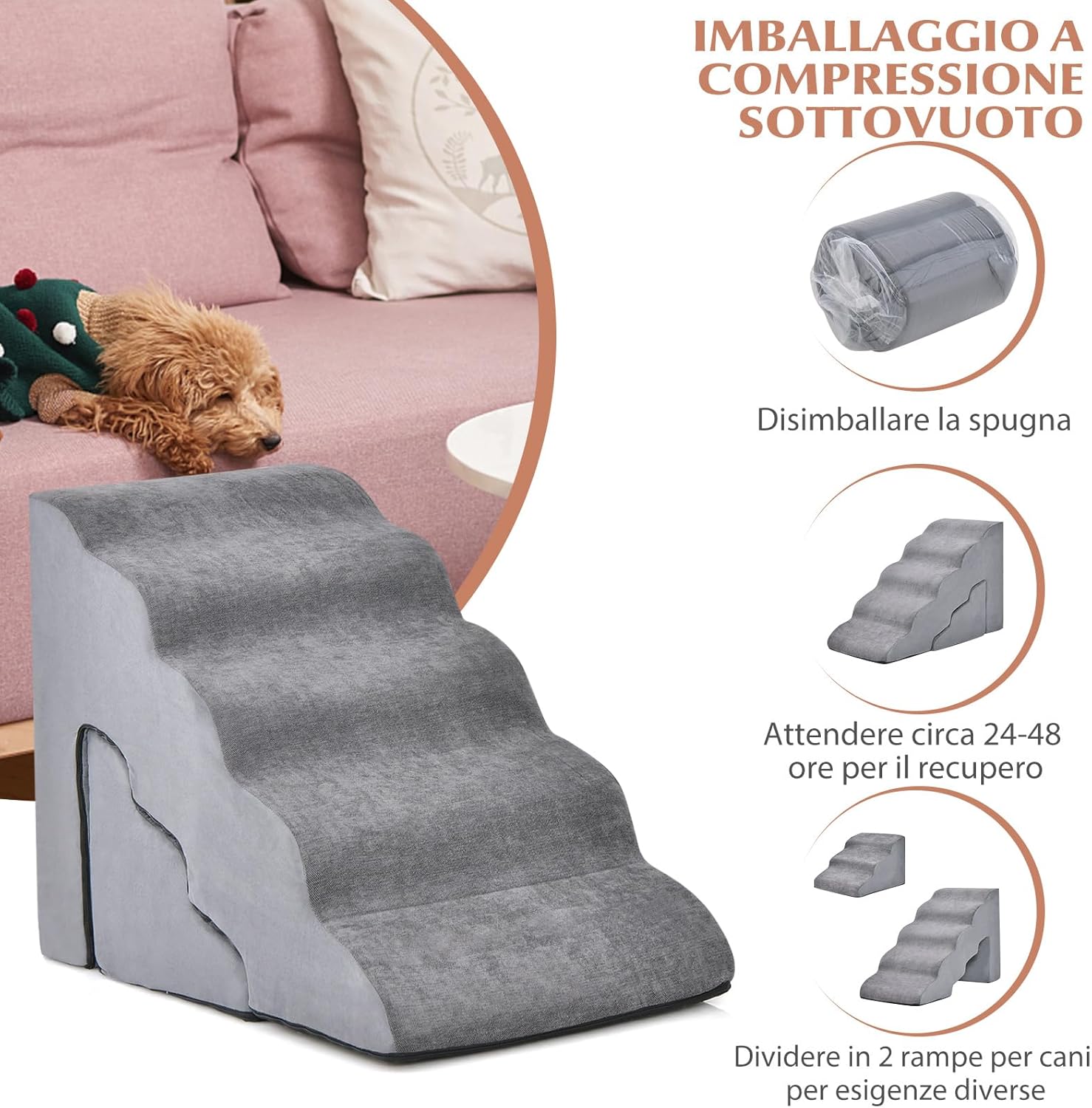 Set di Rampe in Schiuma per Cani con 5 e 3 Gradini, Scale Morbide per Cani Antiscivolo per Divano e Letto per Cani Piccoli e Anziani, Animali Domestici con Dolori Articolari (Grigio)