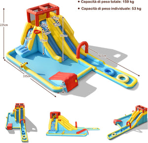Castello Gonfiabile 8 in 1 per Bambini, Parco Acquatico con 2 Scivoli, Parete di Arrampicata, Area Basket e Palla, Borsa di Trasporto e Kit Riparazione, 622 x 335 x 225 cm (Senza soffiatore)