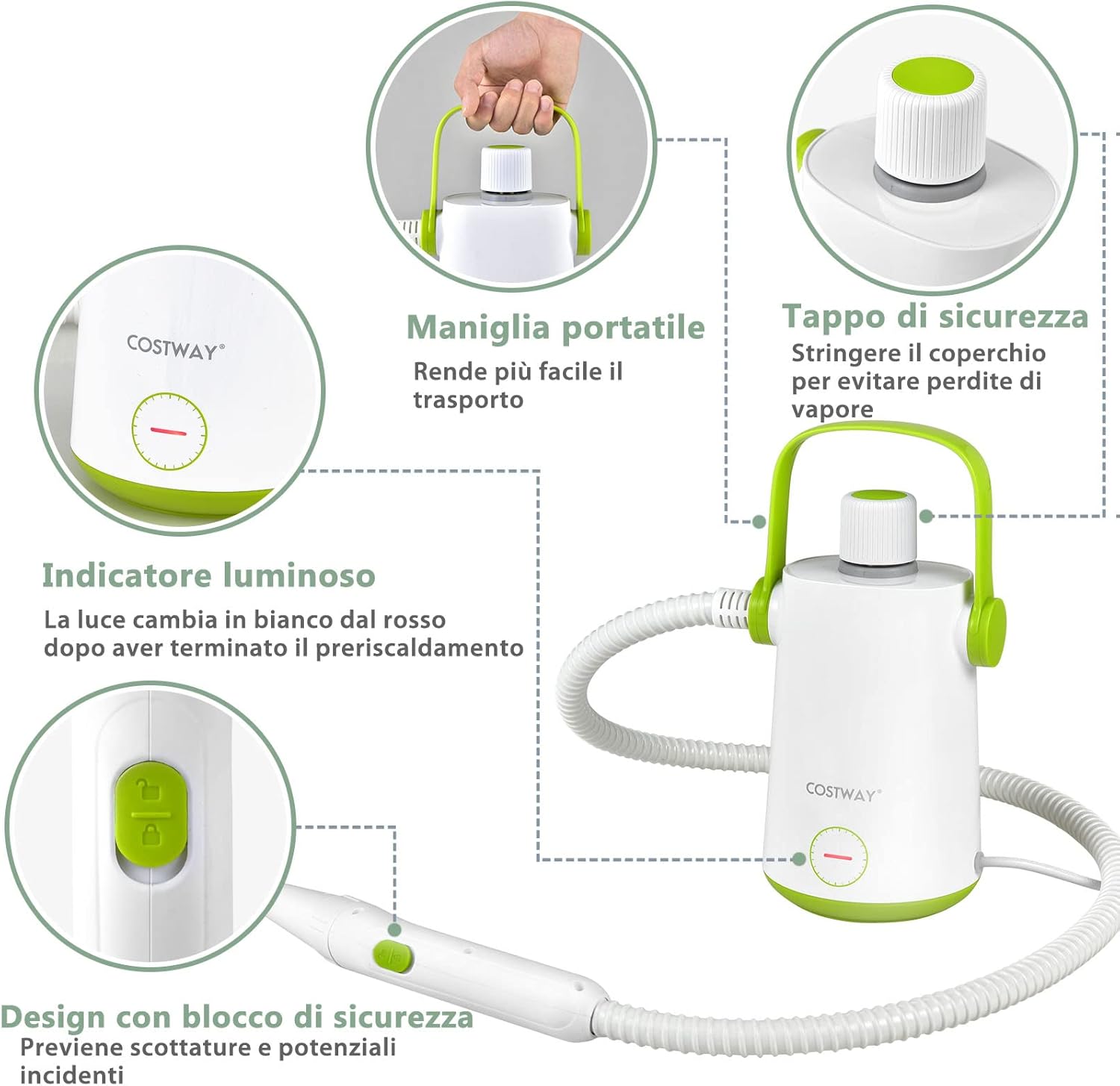 1000W Pulitore a Vapore Multiuso, Macchina a Vapore Portatile con 10 Accessori Serbatoio da 300 ml, Pulizia a Vapore con Tubo Flessibile per Cucina Bagno Finestre (Verde)