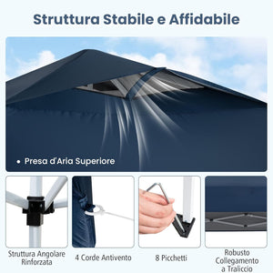 Gazebo Pop-up da 295 x 295 cm, Gazebo da Giardino Impermeabile con Blocco Centrale, Borsa da Trasporto Portatile, Corde Antivento, Picchetti, Tenda Regolabile in Altezza per Feste (Blu Scuro)