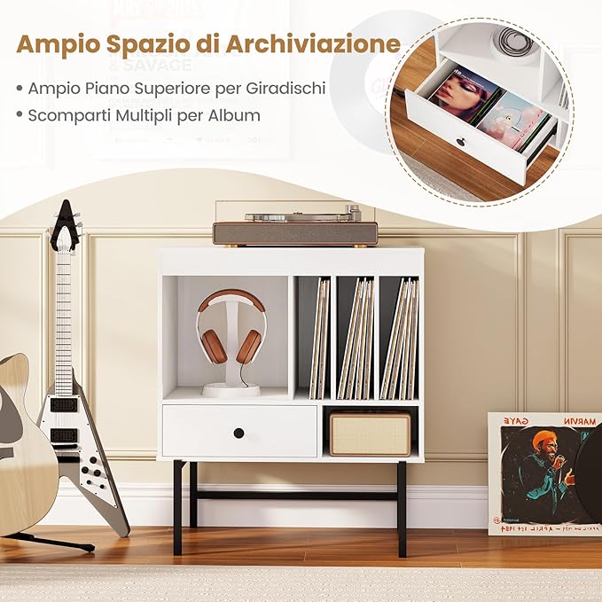 Armadio Camera da Letto 70 x 36 x 80 cm, Credenza Salvaspazia in Legno con Scomparti Aperti, Supporti per Album e Cassetto, Mobile Moderno per Sala Musica e Soggiorno (Bianco)