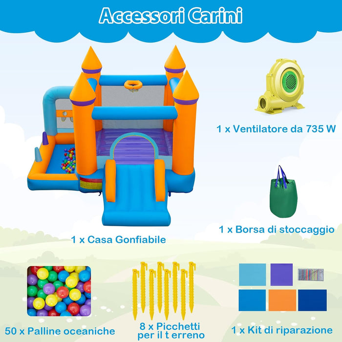 Castello Gonfiabile 5 in 1 con Soffiatore 735W, Casa Gonfiabile per Bambini con Scivolo, Trampolino, Piscina e 50 Palline, Lancio di Anelli e di Palline, Canestro da Basket, 337x325x256 cm