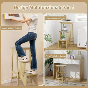 Scaletta Pieghevole, 3 in 1 Scaletta e Sgabello in Legno Multifunzione, 3 Gradini, Reversibili Impugnatura, Portatile e Leggera, Ideale per Studio Soggiorno (Naturale)