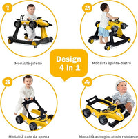 Girello per Bambini 4 in 1, Girello Pieghevole con Altezza e Velocità Regolabili, Carillon con Luci, Volante, Primi Passi per Bambini 6-18 Mesi, Portata 15 kg (Giallo)