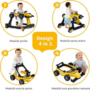 Girello per Bambini 4 in 1, Girello Pieghevole con Altezza e Velocità Regolabili, Carillon con Luci, Volante, Primi Passi per Bambini 6-18 Mesi, Portata 15 kg (Giallo)