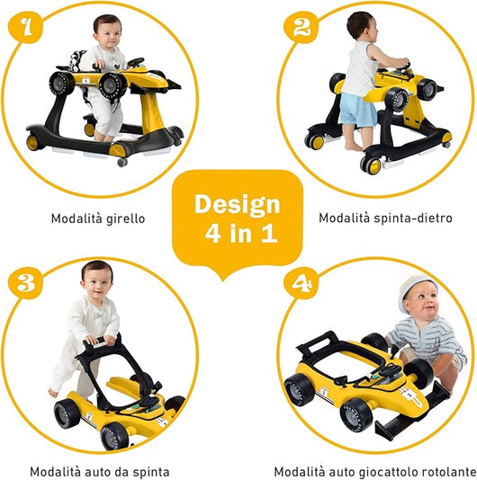 Girello per Bambini 4 in 1, Girello Pieghevole con Altezza e Velocità Regolabili, Carillon con Luci, Volante, Primi Passi per Bambini 6-18 Mesi, Portata 15 kg (Giallo)
