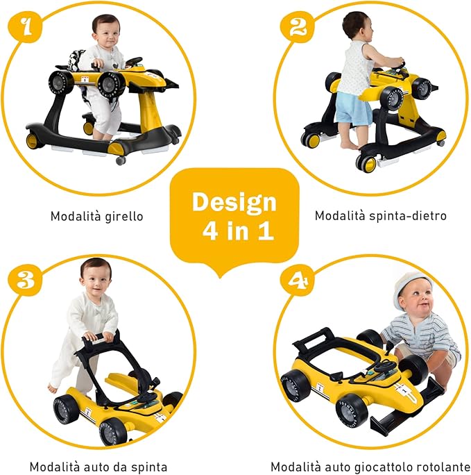 Girello per Bambini 4 in 1, Girello Pieghevole con Altezza e Velocità Regolabili, Carillon con Luci, Volante, Primi Passi per Bambini 6-18 Mesi, Portata 15 kg (Giallo)