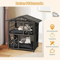 Casa per Gatti in Vimini a 2 Piani, Recinto per Gattini in Rattan con Cuscini Rimovibili, Tetto, Finestre e Porte, Rifugio Elevato da Interno ed Esterno per Conigli e Gattini