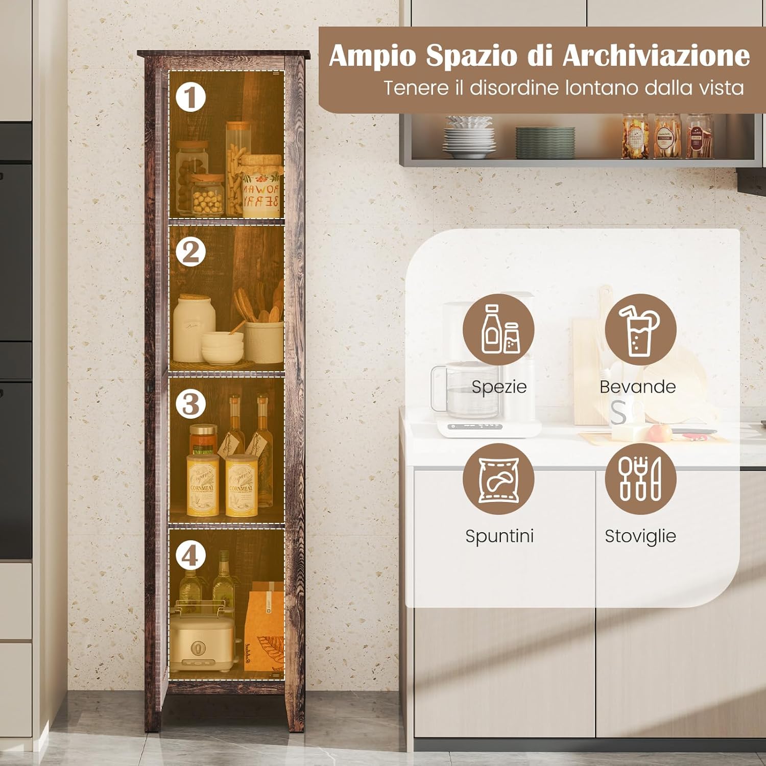 Mobile Bagno 43 x 39,5 x 183 cm, Colonna Bagno con Ante e 4 Ripiani, Armadietto Salvaspazio Alto a Colonna in MDF, per Soggiorno, Cucina e Ufficio (Marrone)