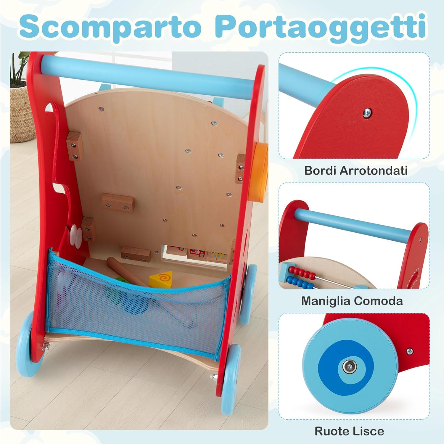 7 in 1 Girello per Bambini in Legno, Carrellino Primi Passi con Manico, Contenitore e Ruote, Giocattolo Montessori da Spingere e Tirare, Gioco Educativo per Bambini 3 + Anni (Modello 1)