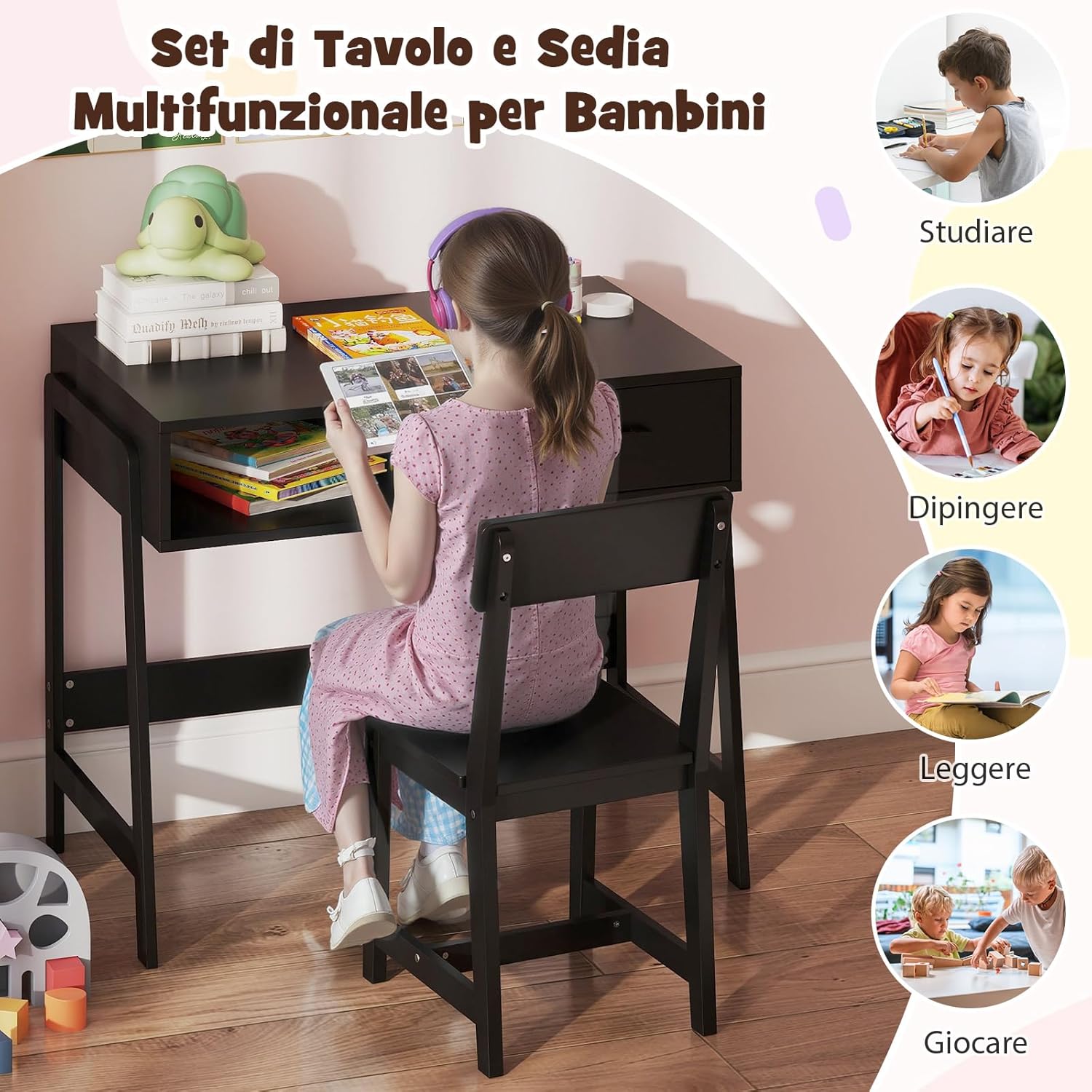 Set Tavolo e Seide per bambini in Legno, Scrivania e Sedia con Cassetto e Scomparto, Tavolino e Sedia per Cameretta, Soggiorno e Scuola (Nero)