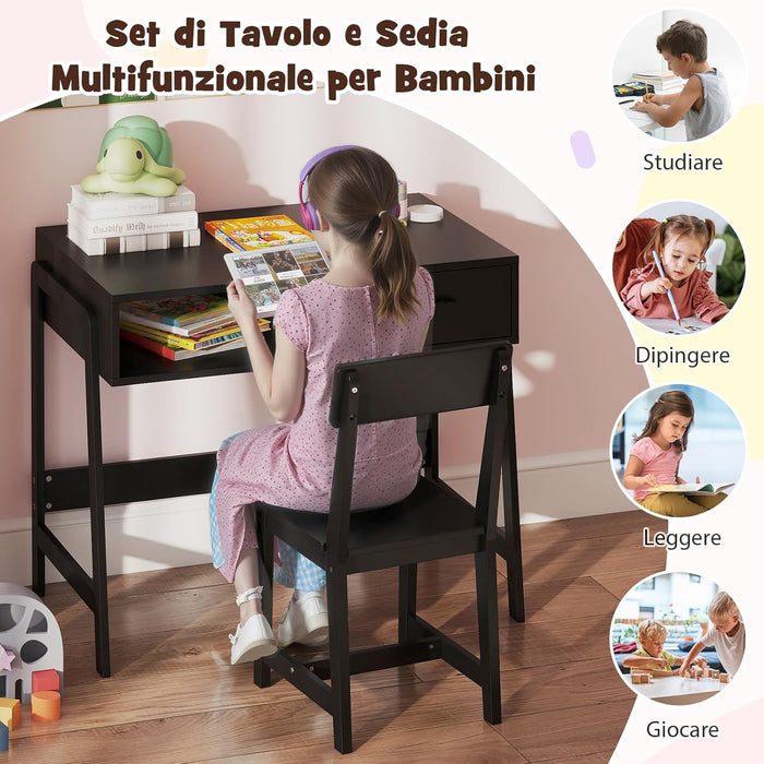 Set Tavolo e Seide per bambini in Legno, Scrivania e Sedia con Cassetto e Scomparto, Tavolino e Sedia per Cameretta, Soggiorno e Scuola (Nero)