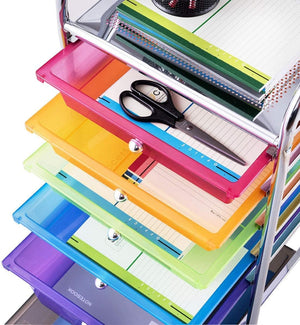 Carrello con 6 Cassetti e Ruote, Cassettiera in Plastica, con Due Dimensioni di Cassetti, Contenitore Multiuso per Casa Bagno e Ufficio, 37 x 74 x 32cm (Colorato)