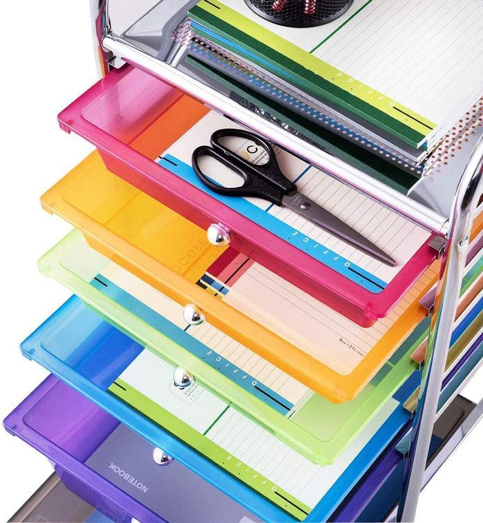 Carrello con 6 Cassetti e Ruote, Cassettiera in Plastica, con Due Dimensioni di Cassetti, Contenitore Multiuso per Casa Bagno e Ufficio, 37 x 74 x 32cm (Colorato)