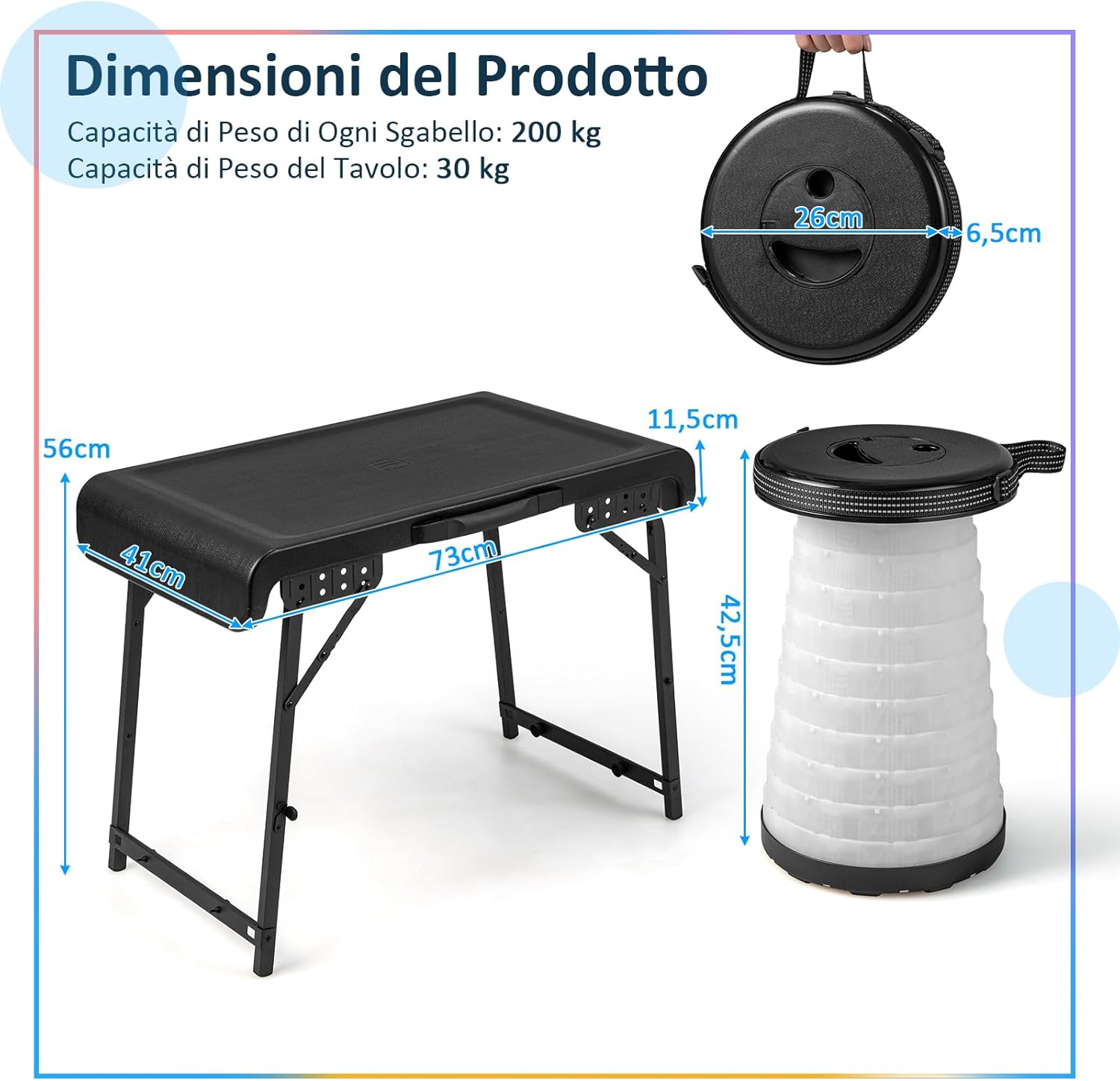 Set Tavolo da Campeggio con 2 Sgabelli LED Pieghevole, Set Tavolino Richiudibile in Valigetta Portatili, con Maniglia, Leggero, per Giardino Picnic BBQ