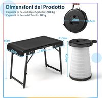 Set Tavolo da Campeggio con 2 Sgabelli LED Pieghevole, Set Tavolino Richiudibile in Valigetta Portatili, con Maniglia, Leggero, per Giardino Picnic BBQ