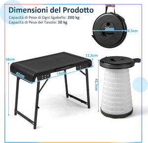 Set Tavolo da Campeggio con 2 Sgabelli LED Pieghevole, Set Tavolino Richiudibile in Valigetta Portatili, con Maniglia, Leggero, per Giardino Picnic BBQ