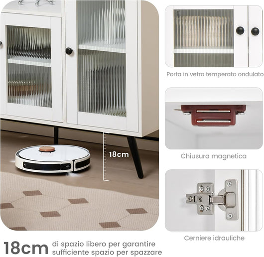 Credenza Moderna con Tanto Spazio, Mobile per Cucina con Ante in Vetro Temperato, Dispositivo Antiribaltamento e Ripiani Regolabili, per Sala da Pranzo e Cucina, 100 x 39,5 x 100 cm (Bianco)