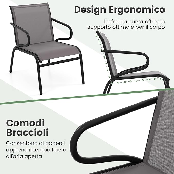 Set di 2 Sedie da Patio con Tessuto Traspirante e Struttura in Metallo, Sedie da Bistro da Esterno con Braccioli, Poltrona per Giardino Terrazza Portico, Portata 150 kg