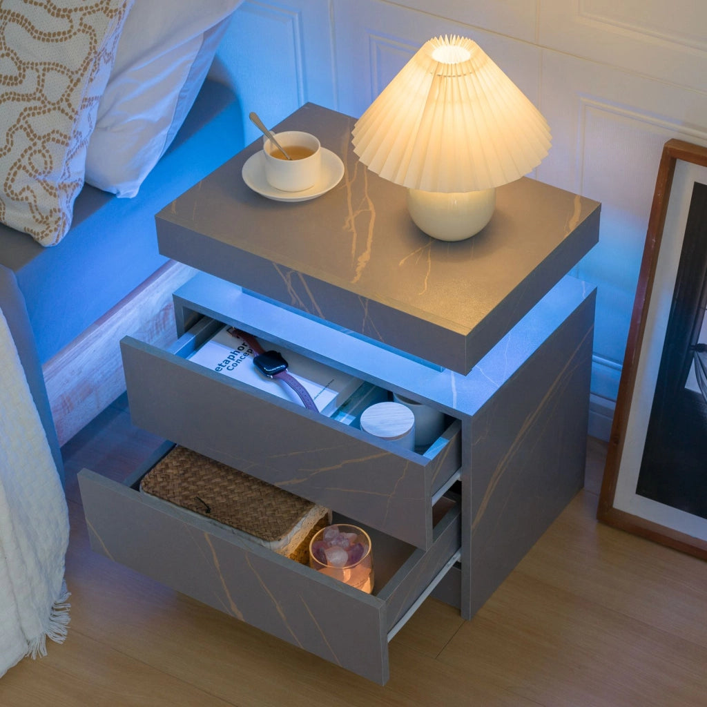 COMODINO LED 59x45x20 cm Effetto Legno Grigio/Oro con 2 cassetti