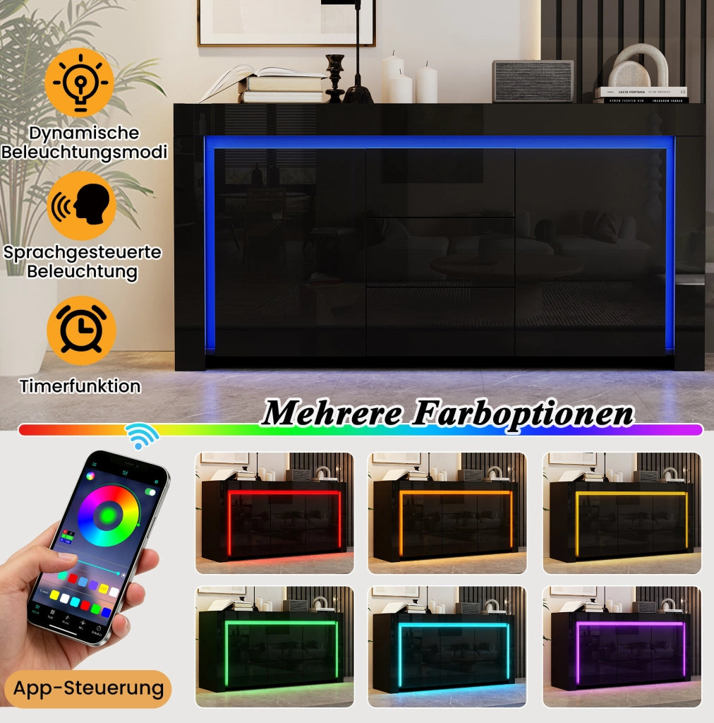 Sideboard moderno nero 140x40x65 cm con LED, 2 ante e 3 cassetti