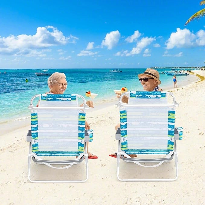 Set di 2 Sedie Pieghevole da Spiaggia, Lounge Sdraio con 5 Posizioni Regolabili, Poltrona da Mare con Cuscino, Porta Asciugamano, Braccioli & Portabicchieri, Portata 150 kg (Verde)