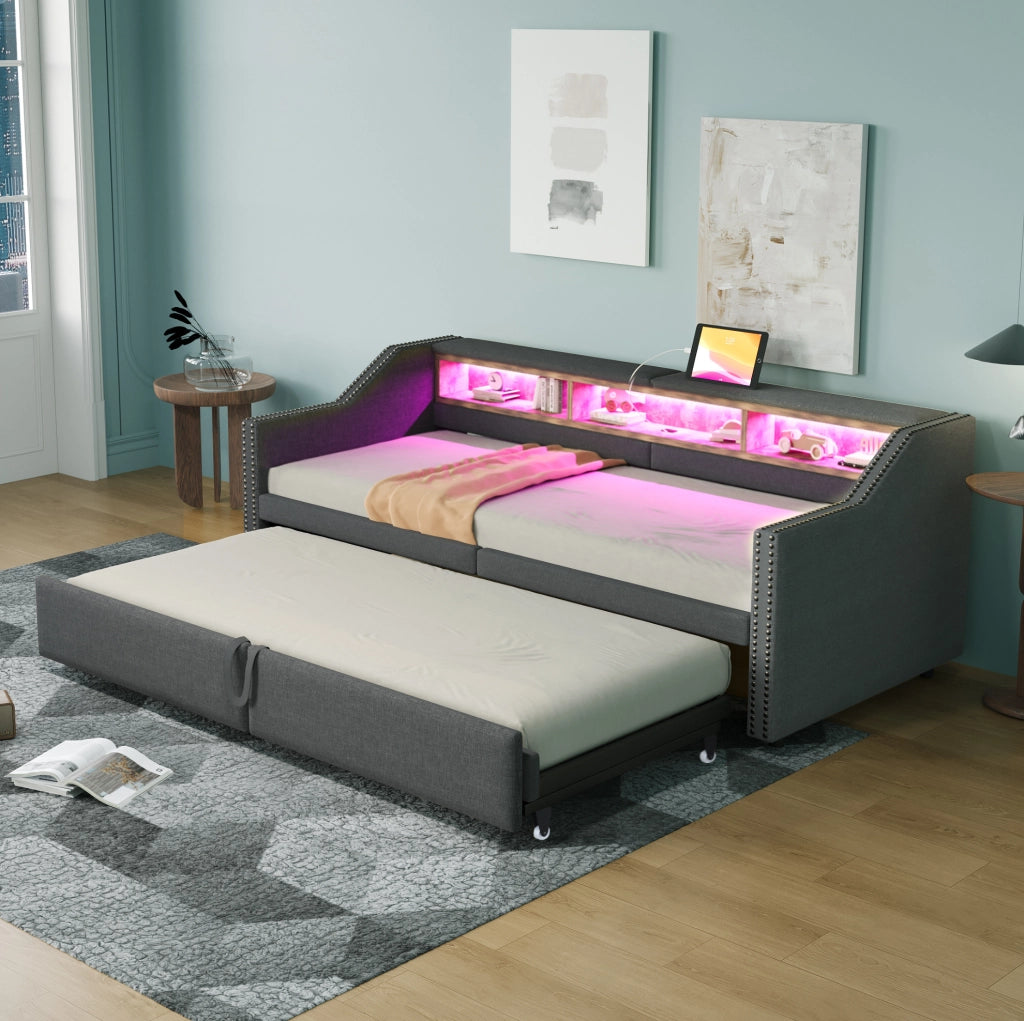 Divano letto estraibile 90/180x200 cm con LED e USB grigio scuro