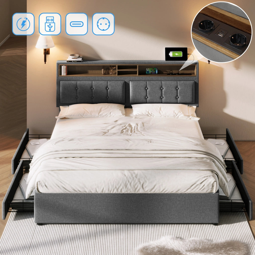 OKWISH Letto con Cassetti Letto Matrimoniale, 4 Cassetti, USB, Tipo C e Prese, 140×200 cm, senza Materasso, in Lino, Grigio