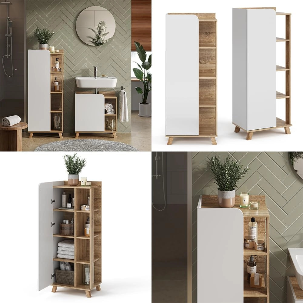 Mobiletto bagno Karen, Sonoma/Bianco, 50 x 128 cm con anta e vani a giorno, per la conservazione di articoli da bagno e asciugamani