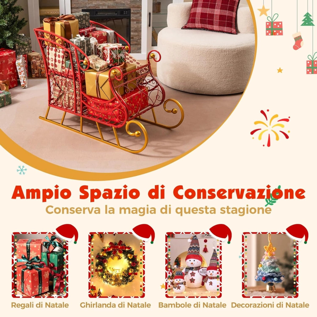 COSTWAY Slitta di Babbo Natale, Slitta di Babbo Natale in Metallo con Portadoni a 2 Livelli, Decorazione Natalizia con Stelle Dorate, per Casa, Negozio e Ufficio (Modello 3)