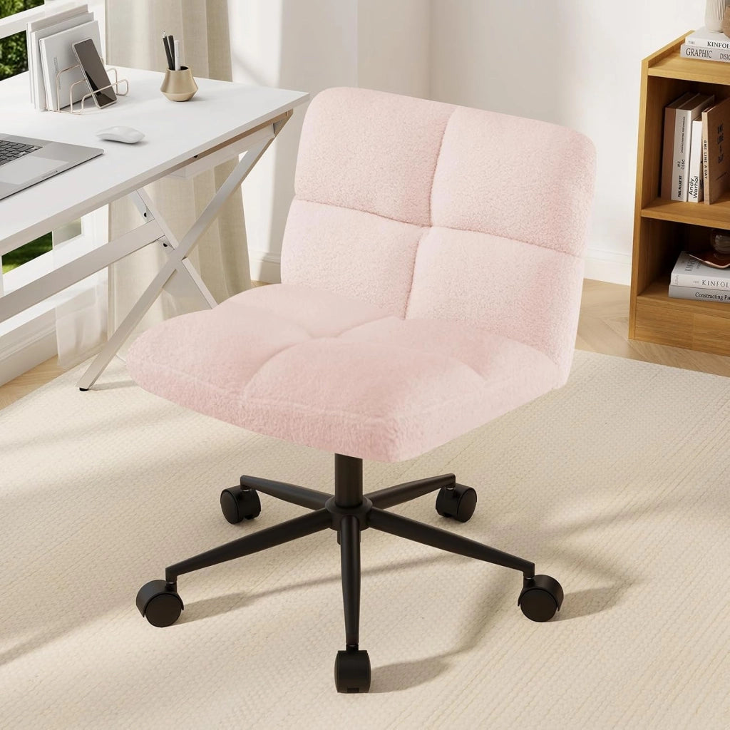 Sedia a Gambe Incrociate, Sedia da Ufficio con Ruote, con Seduta Riempita, Altezza Regolabile, Senza Braccioli, Portata 160 kg (Rosa)