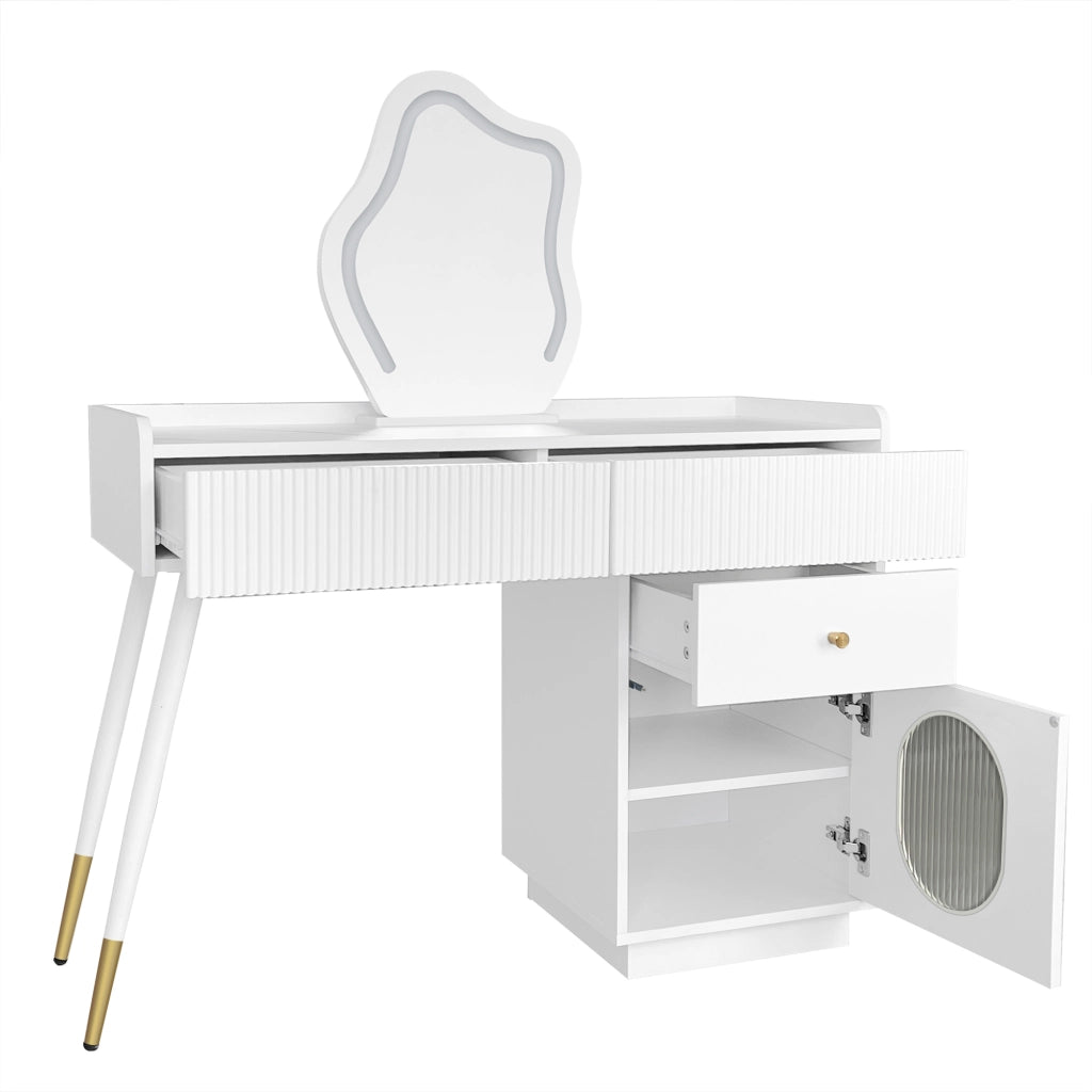 Tavolo da trucco con specchio LED e illuminazione, colore bianco, con due cassetti e mobile laterale, 100 x 75 x 40 cm
