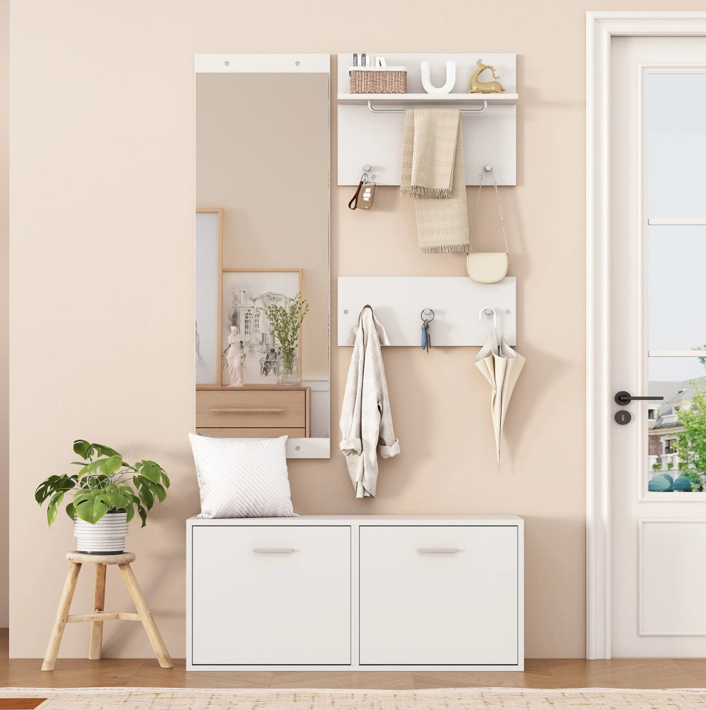 Set ingresso 4 pezzi con specchio; scarpiera a doppio livello 90x30x41;5 cm; bianco