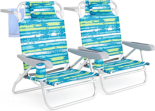 Set di 2 Sedie Pieghevole da Spiaggia, Lounge Sdraio con 5 Posizioni Regolabili, Poltrona da Mare con Cuscino, Porta Asciugamano, Braccioli & Portabicchieri, Portata 150 kg (Verde)