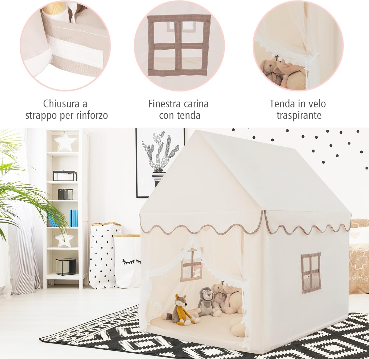 Tenda da Gioco per Bambini, Casetta per Bambini con Struttura in Solido Legno, Tappetino di Cotone, Tenda a Rete e Finestre, 105x120x140 cm (Beige)